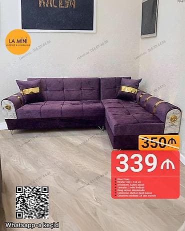 Künc divan, Açılan, Bazalı, Vеlur parça, Şəhərdaxili pulsuz çatdırılma