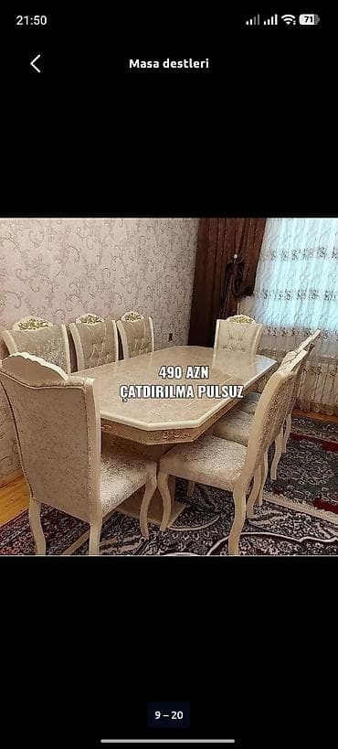 2 el mebiler: Qonaq otağı üçün, Yeni, Açılmayan, Dördbucaq masa, 6 stul — 1