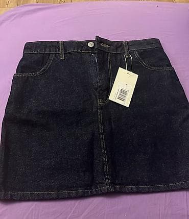 mini etekler: Qısa cins ətək - Parça: qalın denim (tünd mavi/indigo), kontrast bej — 1