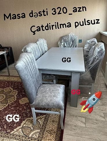 hundur stul: Mətbəx üçün, Açılmayan, Dördbucaq masa, 6 stul — 1