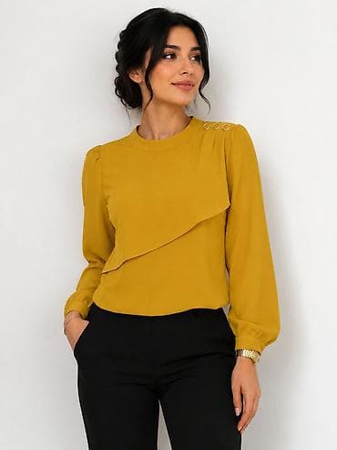 Mustard rəngli qadın bluzası - Model: uzunqollu, dairəvi yaxalı -