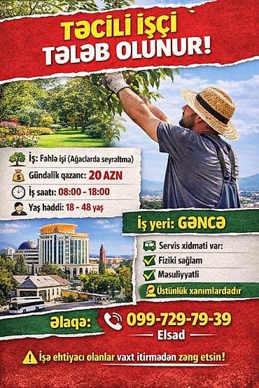 çayçı vakansiya: Vakansiya: Fəhlə işi (ağaçlarda seyrəltmə) Məzmun: - Gündəlik qazanc — 1