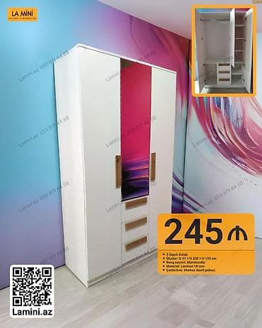 Мебель: 3 qapılı paltar dolabı - Ölçülər: D 47 × H 200 × U 120 sm - Rəng — 1