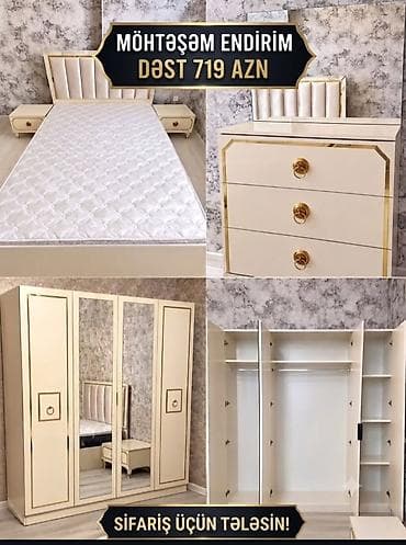 set mebel: Yataq otağı mebel dəsti – krem rəngdə, qızılı dekor xətləri və zərif — 1