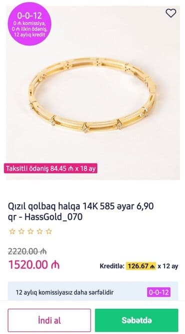 qolbaqlar 2018: Bilərzik, Sarı qızıl, 585 Əyar, 7 g, Pulsuz çatdırılma — 3