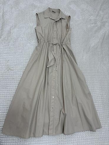 Qadın geyimləri: Bej rəngdə, qoltuqsuz, düyməli qadın paltarı - Stil: köynək tipli — 1