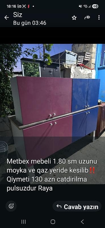 Mətbəx mebeli dəsti - Uzunluq: 1.80 m - Üst stolüstü hissədə moyka və