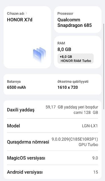 honor note 8 pro: Honor X7d, 128 GB, rəng - Qara, İki sim kartlı — 3
