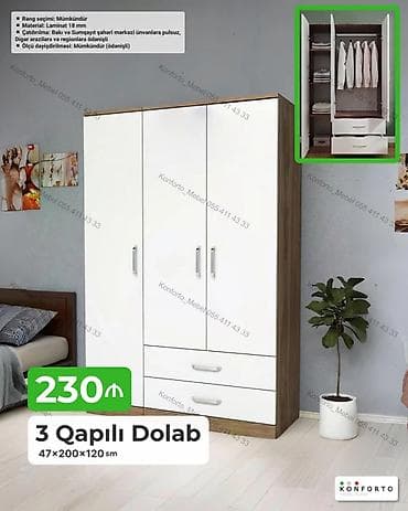 skafi: 3 qapılı paltar dolabı Ölçü: 47×200×120 sm Material: 18 mm laminat — 1