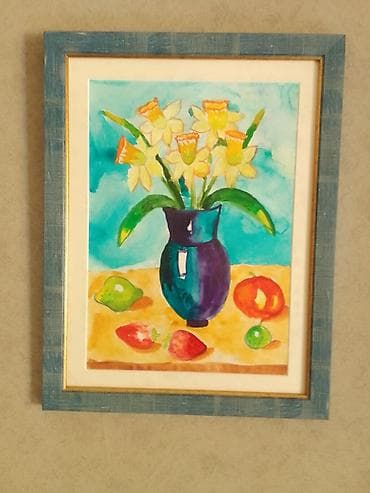 pitbull sekilleri: Akvarel tablo – “Nərgizlər və meyvələr” mövzusunda natürmort. - — 3