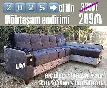 2 el: Künc divan – açılır və baza ilə - Ölçü: 2 m 40 sm x 1 m 50 sm - — 1