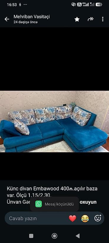 kontakt svarka aparati: Künc divan Embawood 400₼.açılır baza var. Ölçü 1.15/2.30. Ünvan — 1
