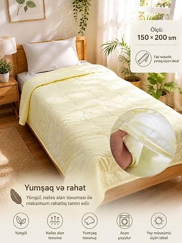 Одеяла: Nazik və yüngül yay yorğanı Ölçü: 150 × 200 sm (tək nəfərlik yataq — 4