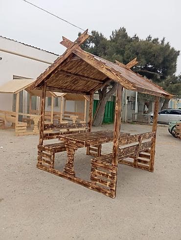 bag evleri dizayn: Dördbucaq masa, 6 stul, Açılmayan, Skameykalar ilə, Taxta — 2