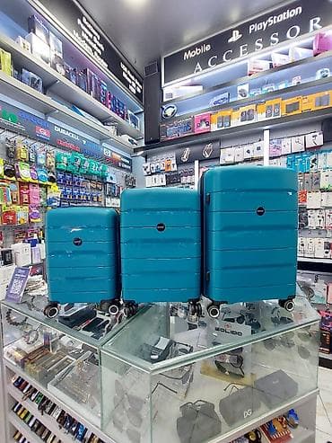 Mavi rəngli sərt korpuslu səyahət çamadanları dəsti - 3 ölçü: kiçik