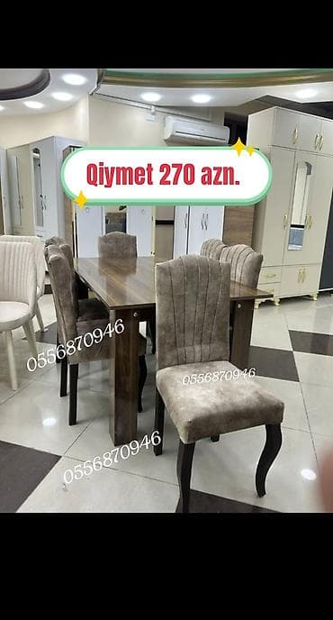 Qonaq otağı üçün, Yeni, Açılmayan, Dördbucaq masa, 6 stul