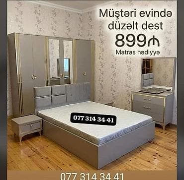 Yataq otağı mebel dəsti – müasir dizayn, boz-qızılı rəng palitrası