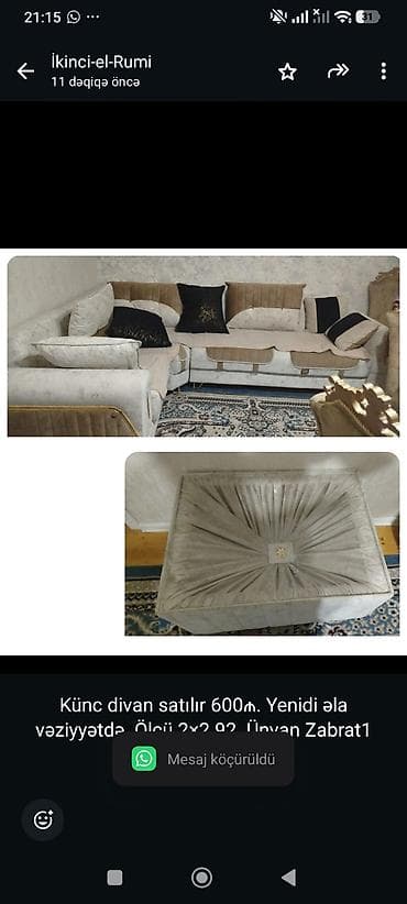 92: Künc divan satılır 600₼. Yenidi əla vəziyyətdə. Ölçü 2×2.92. Ünvan — 1