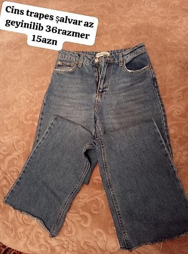 lalafo saat satisi: Cins trapets şalvar - Razmer: 36 - Klassik mavi rəng - Yüksək belli — 1