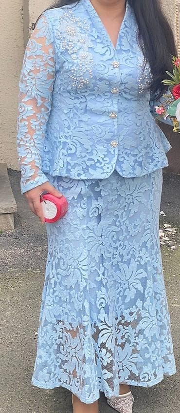 xari bulbul yaxa sancagi: Mavi krujeva qadın dəsti – pencək + ətək - Rəng: açıq mavi (pastel) - — 1