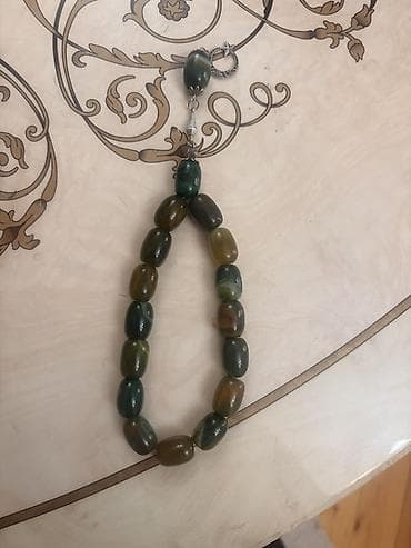 zikir: Təsbeh – yaşıl və zeytun tonlarında oval daşlardan Əqiq Təmiz - — 1