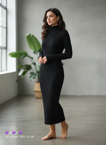 женские трикотажные туники: Qara rəngli trikotaj don - Model: uzun, bədənə oturan siluet - Parça — 1