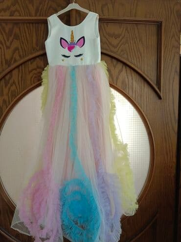 Uşaq üçün uzun unicorn temalı paltar - Üst hissə: ağ rəngdə, önündə