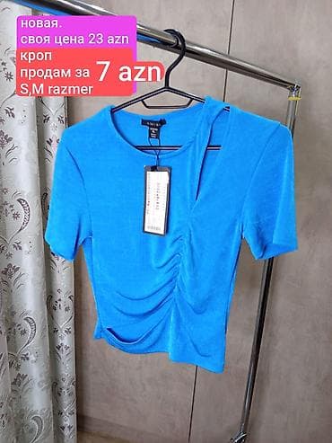 dt 7: Mavi rəngdə qısaqol kropp top. Asimmetrik kəsim, ön hissədə büzgülü — 1