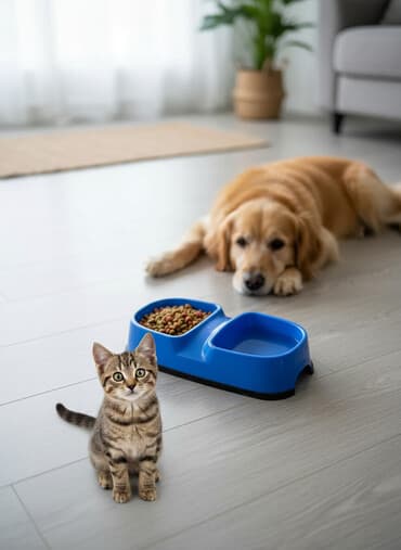 pişik cantasi: Mavi rəngli ikigözlü heyvan yem qabı - Material: yüngül və davamlı — 2