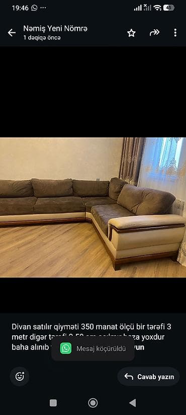divan satisi: Divan satılır qiyməti 350 manat ölçü bir tərəfi 3 metr digər tərəfi — 1