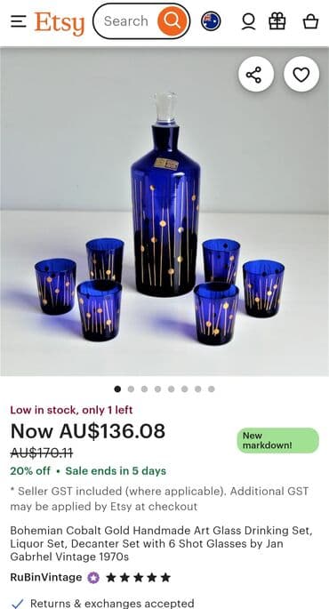 çaynı servis: Bohemian Glass – əl işi mavi şüşə dəst - Mənşə: Czechoslovakia — 2