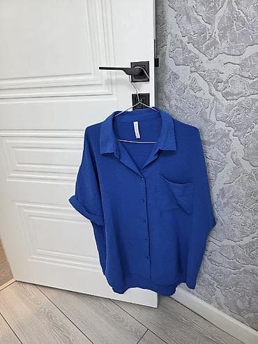 balonka uzun: Mavi rəngli qısaqol köynək/bluz - Model: düyməli, klassik yaxalı - — 3