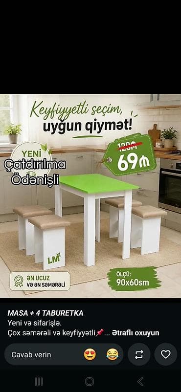 tek stol: Mətbəx üçün masa və 4 taburetka dəsti - Ölçü: 90x60 sm - Rəng: ağ — 1