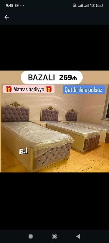 Bazalı tək nəfərlik çarpayı – 269₼ - Başlıq: düyməli, yumşaq parça