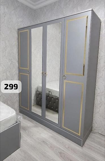Ev üçün mebel: Yeni, 4 qapılı, Güzgülü, Boz, Açılan, Düz dolab — 1