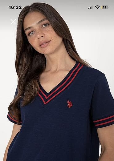 dsq şalvar: Qadın Polo T‑shirt Yeni - Rəng: tünd göy - Dizayn: V‑formalı yaxa — 1