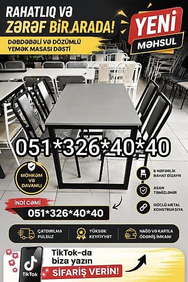 islenmis stol stul: Mətbəx üçün, Yeni, Açılmayan, Dördbucaq masa, 6 stul — 3