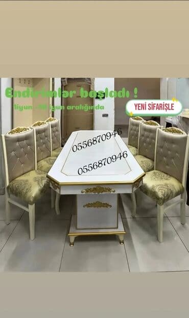 metbex stollari ve stullari: Qonaq otağı üçün, Yeni, Açılmayan, Dördbucaq masa, 6 stul — 8