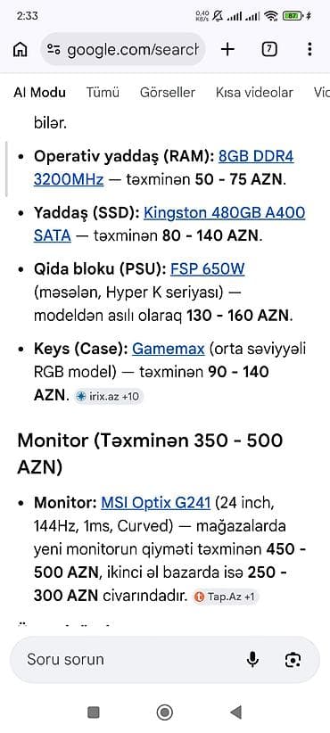 infinix smart 5: Gaming masaüstü kompüter + monitor + periferiyalar Komponentlər: - — 6