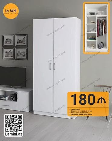 İki qapılı paltar dolabı - Minimalist dizayn, ağ rəng - Daxili — 1