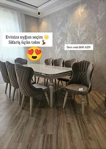 Qonaq otağı üçün, Yeni, Açılmayan, Dördbucaq masa, 8 stul