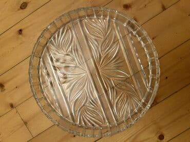 Şüşə servis sinisi – dairəvi, oyma naxışlı - Material: qalın, şəffaf