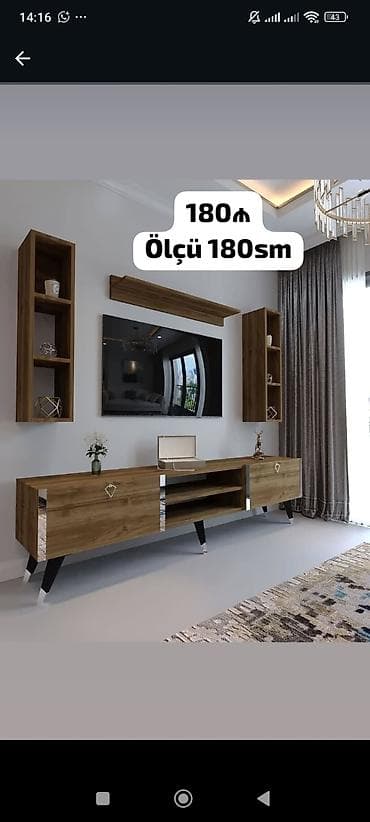 divar kitab refleri: TV stend dəsti – ölçü 180 sm - 180 sm enində müasir TV stend və asma — 1