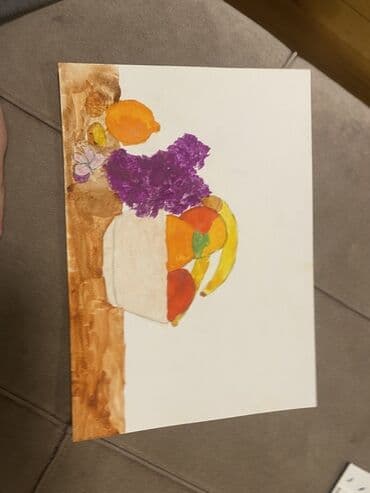 şirin dovşan şəkilləri: Dörd ədəd sulu boya rəsmləri. Birində vazada meyvələr və çiçəklər — 1