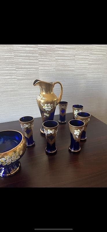 Bohem şüşəsindən hazırlanmış zərif süfrə dəsti - Rəng: kobalt mavi