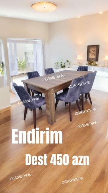 söküntü taxtalar: Mətbəx üçün, Açılmayan, Dördbucaq masa, 6 stul — 2