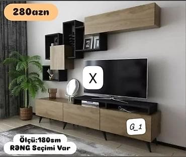 Qonaq otağı üçün müasir TV stend və divar rəf komplekti. Dəstə aşağı
