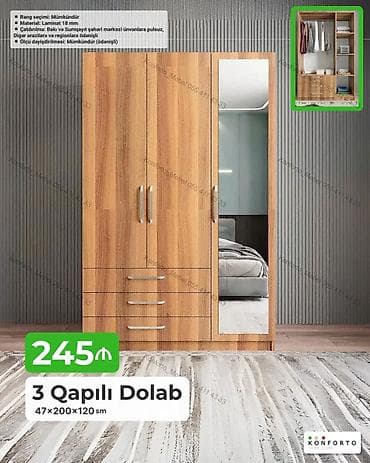 3 qapılı geyim dolabı — 47×200×120 sm - Material: 18 mm laminat - — 1