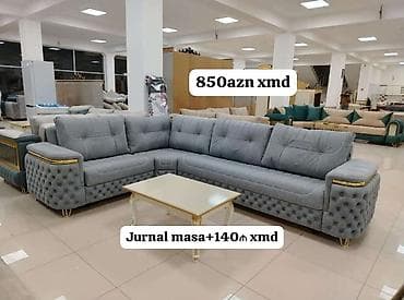 divan masa: Künc divan dəsti – boz rəng, yumşaq parça örtük. Klassik-modern — 1
