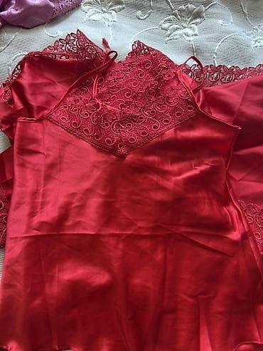 satin parça: Zərif Qırmızı Satən 5 li desti xalat, koynek, 2 eded — 1